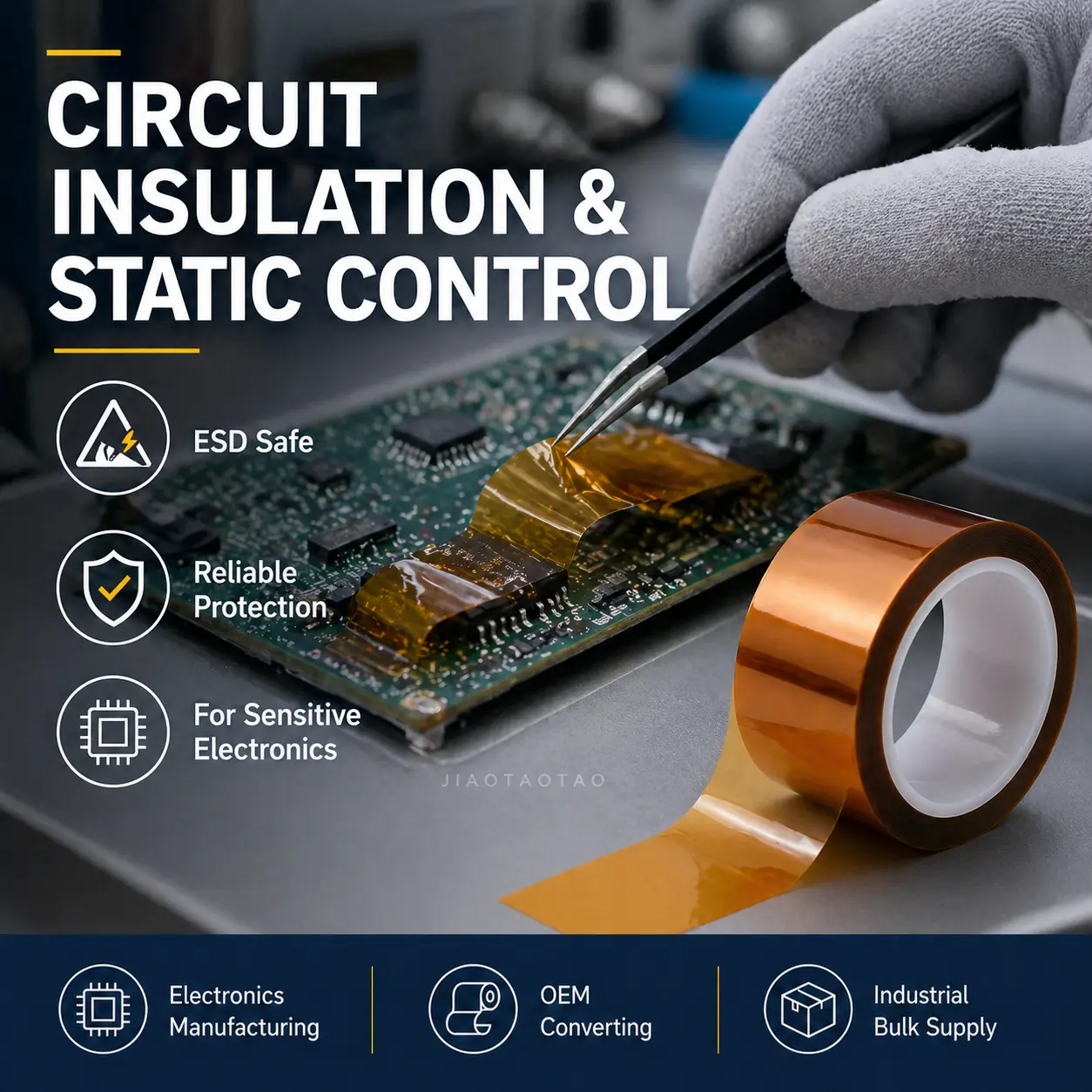 ESD Kapton tape for PCB masking, circuit insulation, and anti-static process protection.